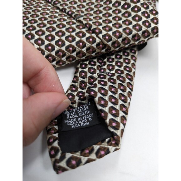 HUGO BOSS Men's Designer Silk Neck Tie Made In Italy Cream Brown Pink Geometric - Picture 5 of 6